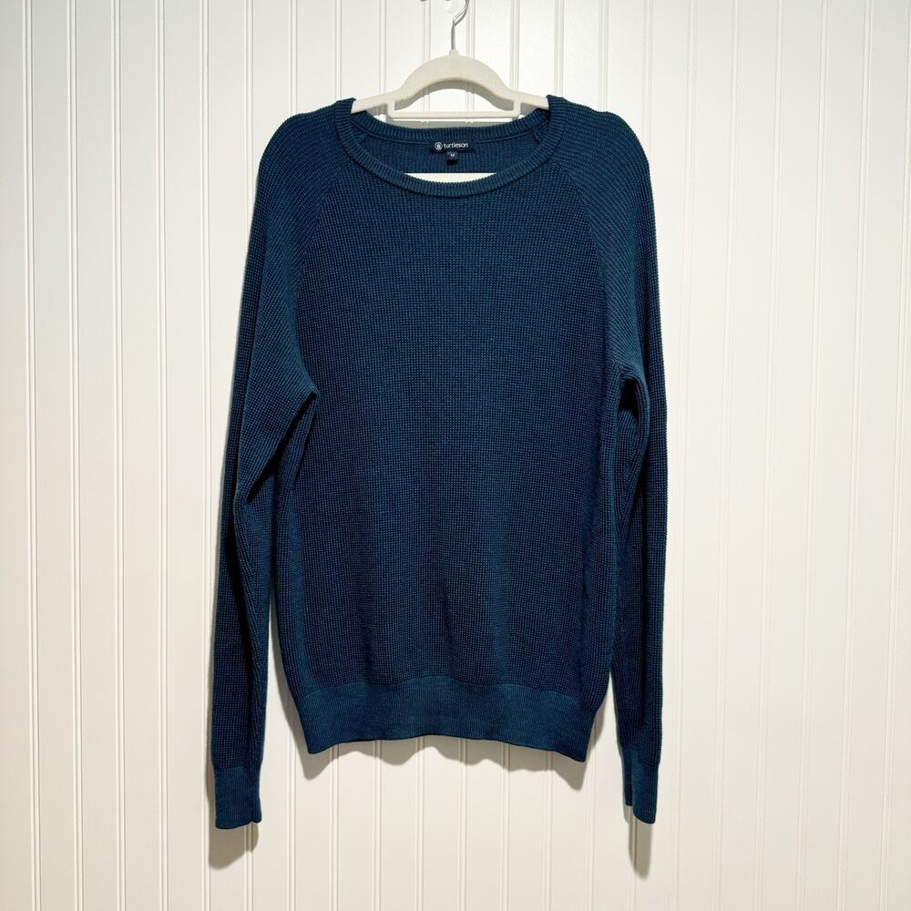 Turtleson Teal Blue Stretch Knit Sweater Extra Fine Merino Wool Mens Medium